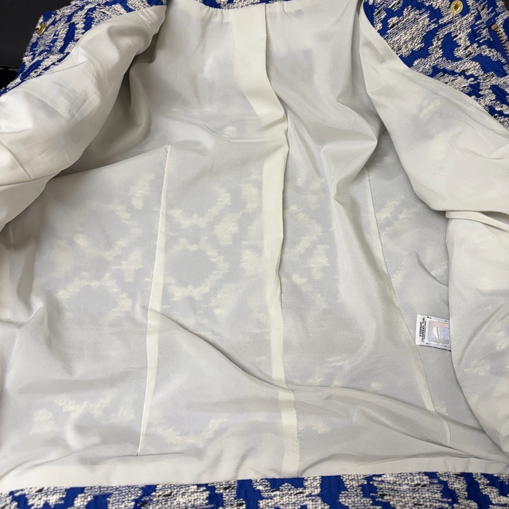 Diane Von Furstenberg Blue and White Leather Trim Jacket Size 8 Women’s Blazer - Picture 7 of 14